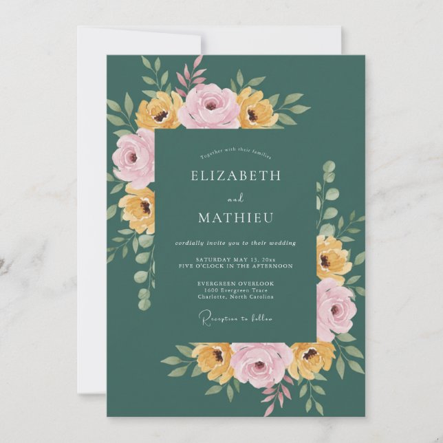 Teal Blissful Botanical Wedding Invitation (Front)