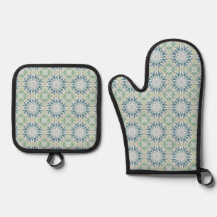 Teal Bloom Radiance – Watercolor Floral Geometric Oven Mitt & Pot Holder Set