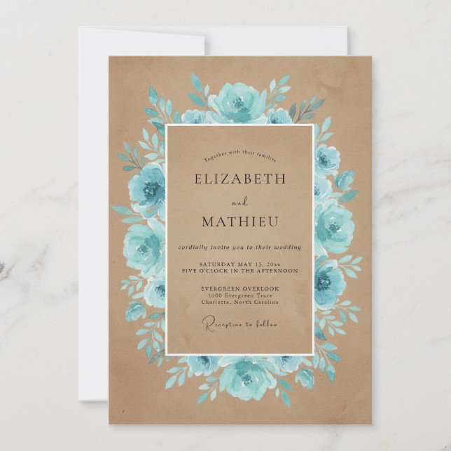 Teal Bloom Rustic Wedding Invitation (Front)