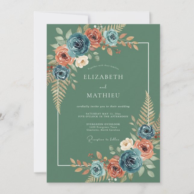 Teal Blossom Botanical Romance Wedding Invitation (Front)