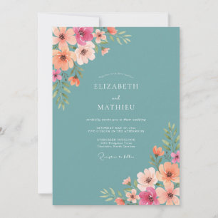 Teal Blossom Painterly Flourish Wedding Invitation