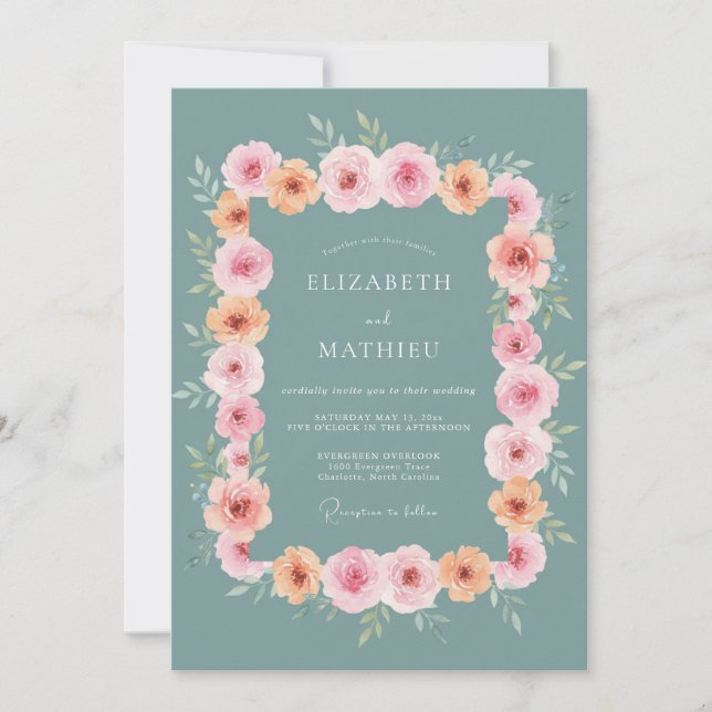 Teal Blossom Romantic Flourish Wedding Invitation (Front)