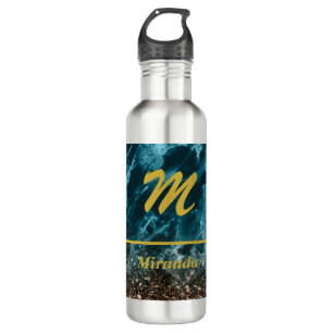 Teal Blue Agate glitter Monogram personalized 710 Ml Water Bottle