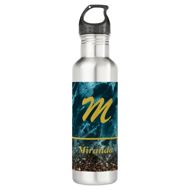 Teal Blue Agate glitter Monogram personalized 710 Ml Water Bottle (Front)