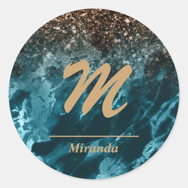 Teal Blue Agate glitter Monogram personalized Classic Round Sticker (Front)