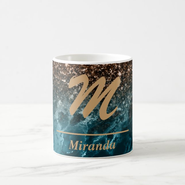 Teal Blue Agate glitter Monogram personalized Coffee Mug (Center)