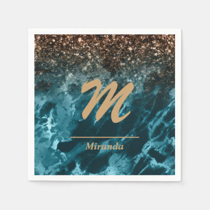Teal Blue Agate glitter Monogram personalized Napkin