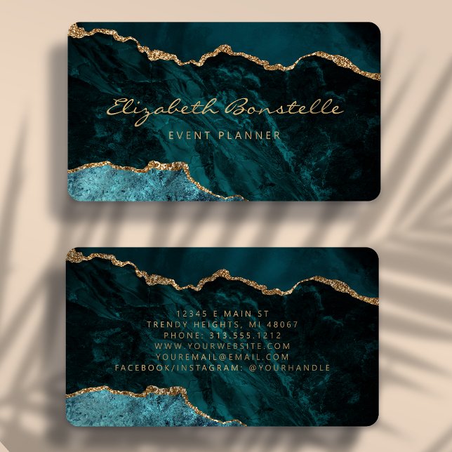 Teal Blue Agate Gold Glitter Luxury Rounded Business Card (Creator Uploaded)