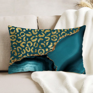 Teal Blue Agate Gold Leopard Spots Accent Pillow