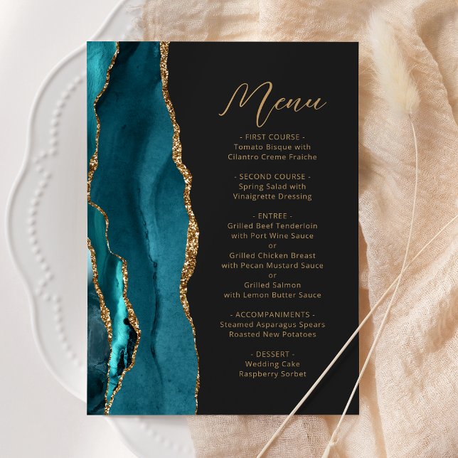 Teal Blue Agate Gold Modern Script Wedding Menu (Creator Uploaded)
