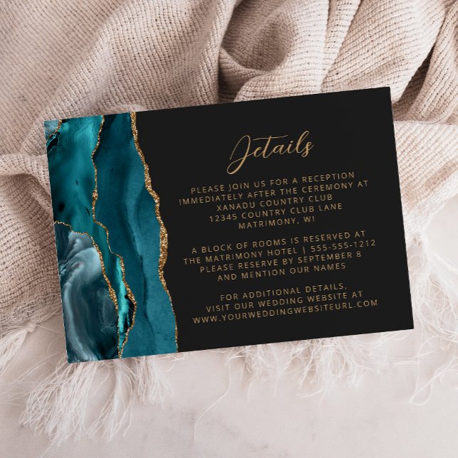 Teal Blue Agate Gold Script Dark Wedding Details Enclosure Card (Creator Uploaded)