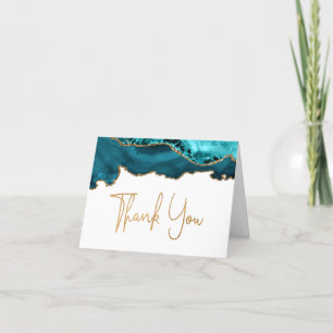 Teal Blue Agate Gold Script Thank You Card