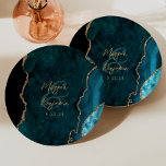 Teal Blue Agate Gold Script Wedding Paper Plate<br><div class="desc">These elegant modern wedding paper plates feature a teal blue watercolor agate geode background trimmed with faux gold glitter. Personalize them with the names of the couple in gold-coloured handwriting calligraphy over a large ampersand,  and the wedding date in copperplate font.</div>