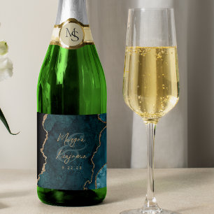 Teal Blue Agate Gold Script Wedding Sparkling Wine Label