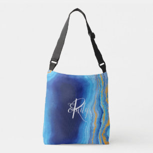  Teal & blue Agate Marble Abstract Name Monogram  Crossbody Bag