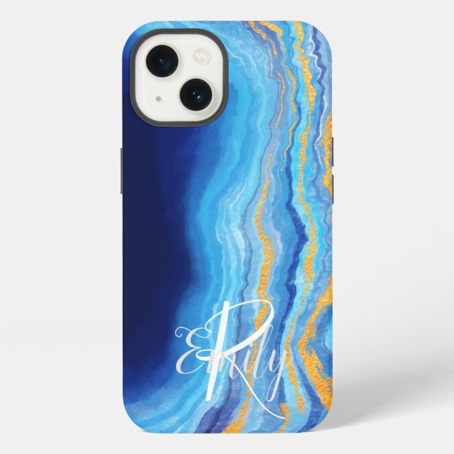  Teal & blue Agate Marble Abstract Name Monogram  iPhone Case (Back)