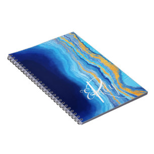 Teal & blue Agate Marble Abstract Name Monogram Notebook