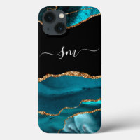 Teal Blue Agate Monogram Script Stone Gold Black