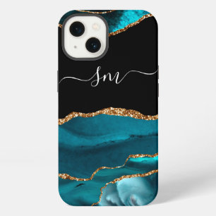 Teal Blue Agate Monogram Script Stone Gold Black iPhone 13 Case
