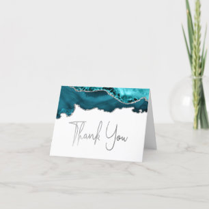 Teal Blue Agate Silver Script Thank You Card