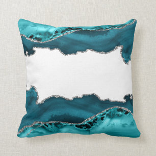 Teal Blue Agate Stone Silver  Throw Pillow