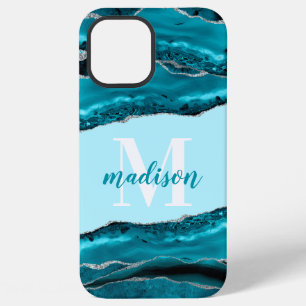 Teal Blue Agate with Silver Glitter Monogrammed iPhone 12 Pro Max Case