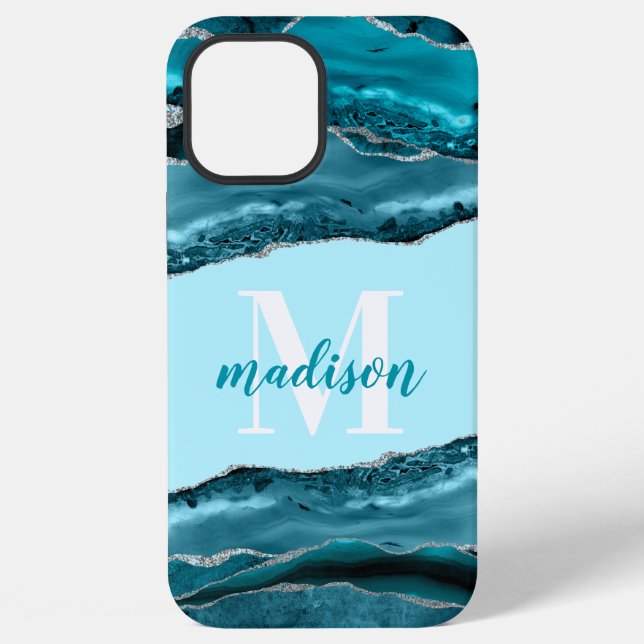 Teal Blue Agate with Silver Glitter Monogrammed  iPhone Case (Back)