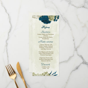 teal blue and beige flowers botanical wedding menu