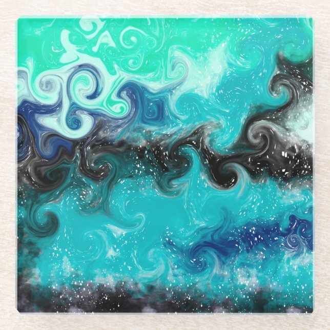 Teal, Blue and Black Fluid Art Marble Swirls   Glass Coaster (Front)