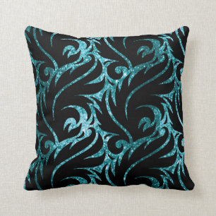 Teal Blue and Black Glitter Pattern Pillow