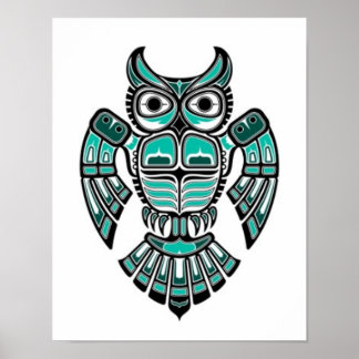 Teal Blue and Black Haida Spirit Owl Poster