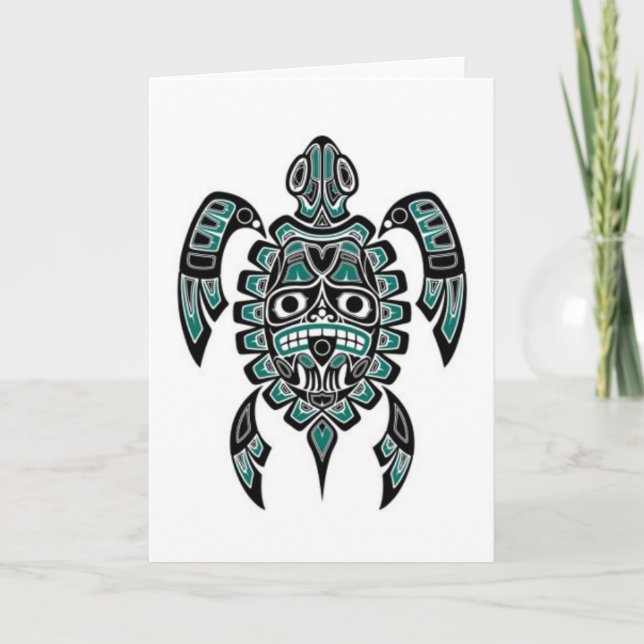 Teal Blue and Black Haida Spirit Sea Turtle Card (Front)