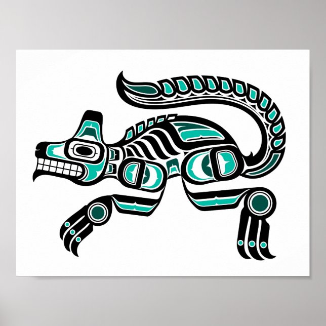 Teal Blue and Black Haida Spirit Wolf Poster (Front)