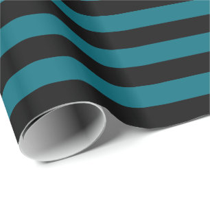 Teal Blue and Black Horizontal Stripe Wrapping Paper