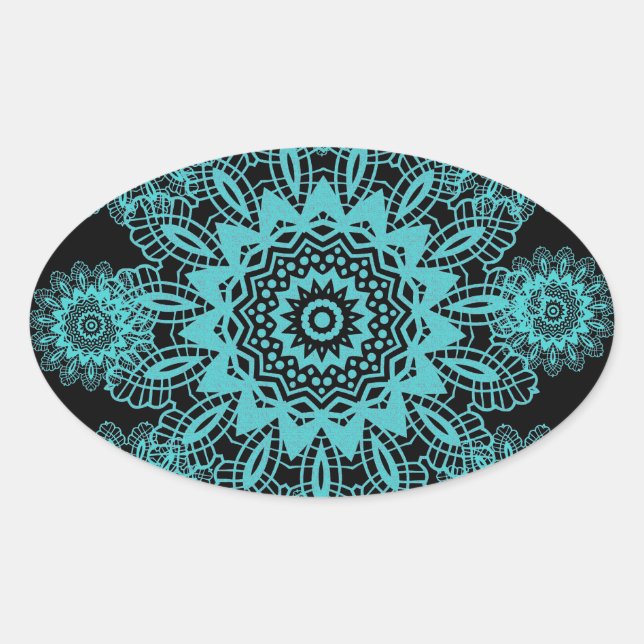 Teal Blue and Black Lace Snowflake Mandala Oval Sticker (Front)