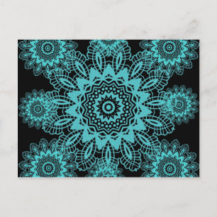 Teal Blue and Black Lace Snowflake Mandala Postcard