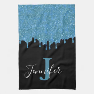 Teal Blue and Black Monogram Glitter Drips Kitchen Towel