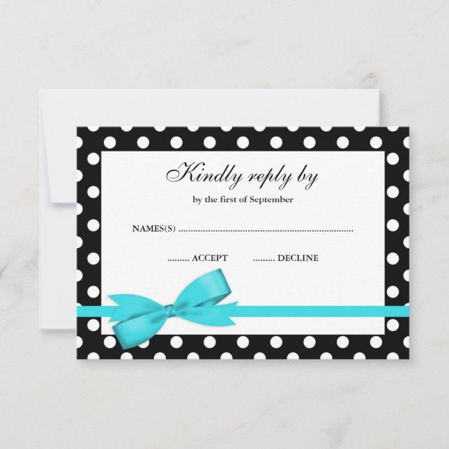 Teal Blue and Black Polka Dot Bow RSVP (Front)