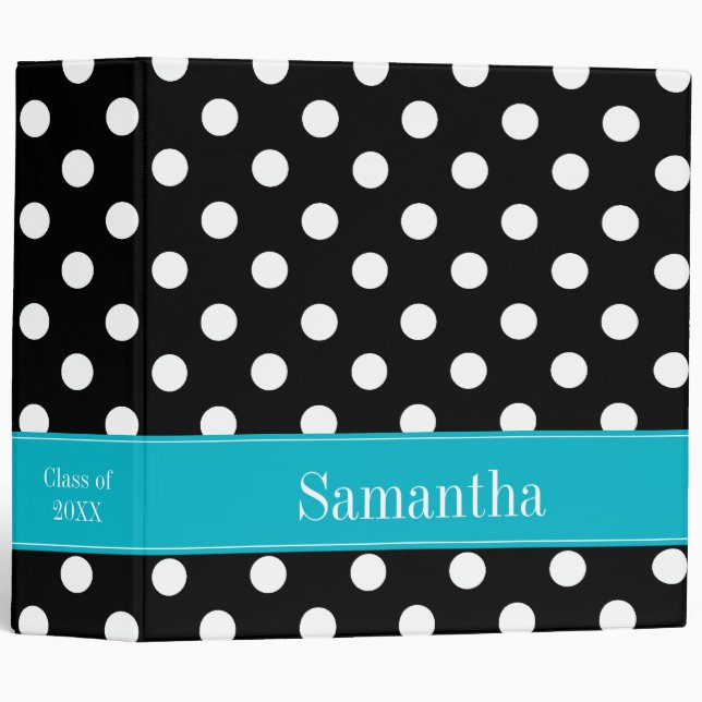 Teal Blue and Black Polka Dot Personalized School Binder (Front/Spine)