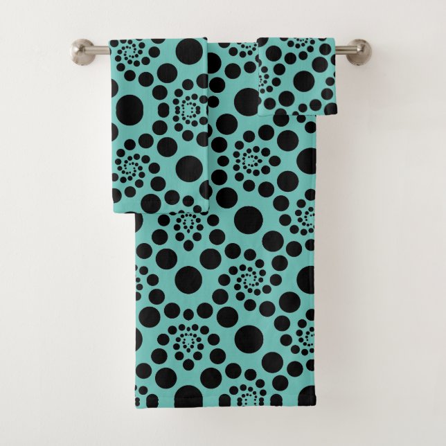 Teal Blue and Black Retro Polka Dots Bath Towel Set (Insitu)