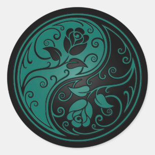 Teal Blue and Black Yin Yang Roses Classic Round Sticker