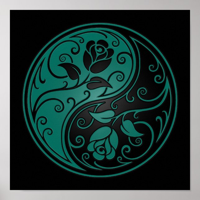 Teal Blue and Black Yin Yang Roses Poster (Front)