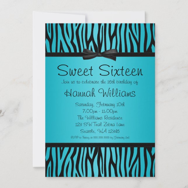 Teal Blue and Black Zebra Bow Sweet 16 Birthday Invitation (Front)