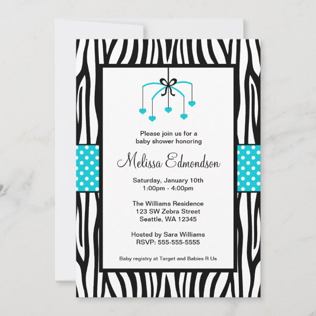 Teal Blue and Black Zebra Heart Mobile Baby Shower Invitation (Front)