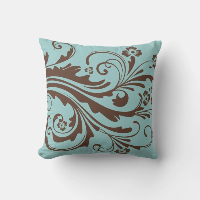 Teal Blue and Brown Country Floral Throw Pillow (Front)