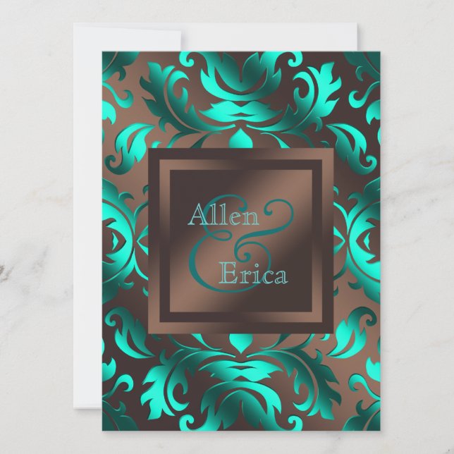 Teal Blue and Chocolate Brown Wedding Invitation (Front)