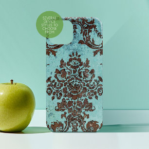 Teal blue and Chocolate Vintage Damask Pattern iPhone 16 Case