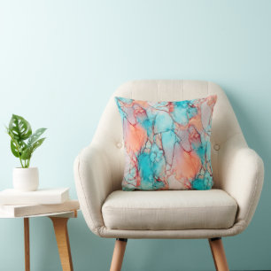 Teal Blue and Coral Orange Fluid Marble Throw Pillow