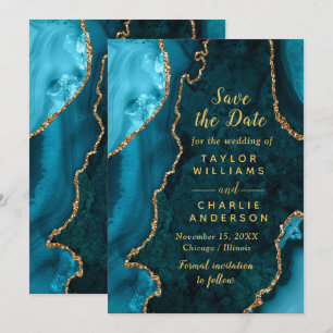 Teal Blue and Gold Agate Marble Save The Date Invitation