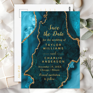Teal Blue and Gold Agate Marble Save The Date Postcard